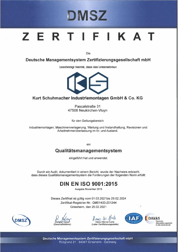 Zertifikat_Kurt Schuhmacher_Industriemontagen_Qualitätsmanagementsystem